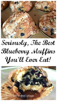 blueberry muffins with the words seriously the best blueberry muffins you'll ever eat