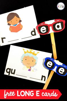 two pictures of people with glasses on them, one is reading the letter e and the other is reading the word e