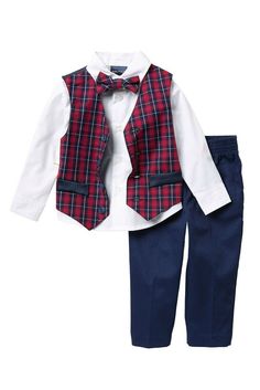 NEW Boys Nautica 4 Piece Set  with Dress Shirts, Vests, Pants, and Bow Ties Size: 6 Vest: 100% Cotton; Shirt: 55% Cotton, 45% Polyester; Pant: 100% Cotton; Bow Tie: 100% Cotton Imported Pull On closure Machine Wash A perfectly tailored vest set made with soft and breathable fabrics for an elegant and stylish look on your little gentleman. The classic silhouette is cut in a regular fit and its versatility will ensure lots of wear Nautica vest suit features a festive plaid design with 4-butto Tailored Vest, Vest Suit, Vest Set, Suit Vest, Plaid Design, Classic Silhouette, Bow Ties, Dress Shirts