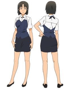 an anime character is standing with her back to the camera and wearing a school uniform