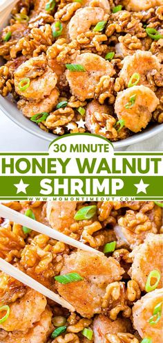 honey walnut shrimp with chopsticks in it and the title overlay reads 30 minute honey walnut shrimp