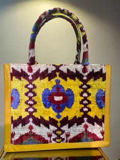 Vhfc Handmade Velvet Rectangular Bags, Traditional Ikat Print Art Silk Saree, Handmade Rectangular Velvet Bags, Handmade Rectangular Velvet Bag, Ikat Embroidery Pattern, Traditional Ikat Print Outerwear, Traditional Multicolor Ikat Print Kimono, Uzbek Ikat, Handmade Fabric Bags