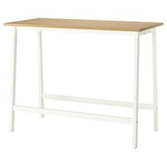 a white and wood table with two legs on the bottom, against a white background