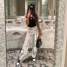 Questions? Leave A Comment Below! Silver Jeans Outfit, Silver Pants Outfit, Metallic Pants Outfit, Silver Outfits, Silver Pants, Fest Outfits, Metallic Jeans, Metallic Pants, Going Out Outfits