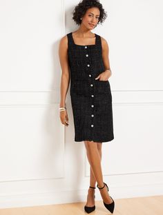 Our always-flattering shift dress. Made with an elegant tweed finish with sparkling metallic threads. Features easy button front closures. Sleeveless design looks fabulous under your favorite coat or jacket. Features Shift Dress Jewel Neck Sleeveless Hidden back zip closure Hits Above Knee Imported Fit: Misses: 37 1/2"; Petite: 36"; Plus: 41" Material: Shell : 83% Polyester, 11% Wool, 1% Metallic, 5% Other Fibers; Lining : 100% Polyester Care: Cover Button With Foil; Dry Clean | Metallic Texture Elegant Sleeveless Tweed Dress With Buttons, Knee-length Tweed Dress With Button Closure, Elegant Knee-length Tweed Dress With Button Closure, Chic Knee-length Tweed Dress With Button Closure, Metallic Texture, Tweed Dress, Jewel Neck, Metallic Thread, Above Knee