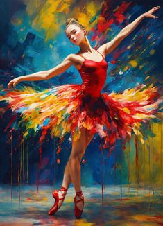 a painting of a ballerina in red and yellow dress with her arms spread out