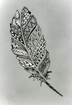 a black and white drawing of a feather on a gray background with an ink pen