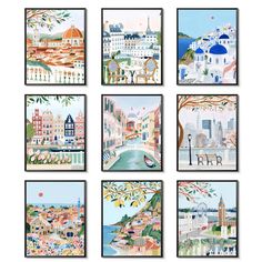 six framed pictures of different cityscapes with trees and buildings on them, all painted in pastel colors