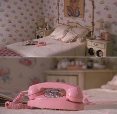 two pictures of a pink telephone in a bedroom and an image of a bed with flowers on the wall