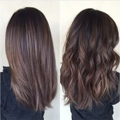 Medium Hair Styles - Chocolate brown hair with balayage, medium-length. Shown… Straight Balayage, Balayage Straight, Brown Hair Balayage, Balayage Brunette, Brown Highlights, Dye My Hair, Short Hairstyle, Brunette Hair, Great Hair