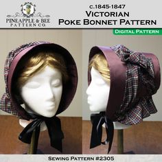 "Victorian Poke Bonnet DIGITAL PDF sewing pattern, appropriate for mid to late 1840's impressions. Based on original poke bonnets dating from 1845-1847, this style of bonnet can be seen in many fashion plates of the time.  This pattern creates a low brim bonnet design, that fits completely onto head and is tied with ribbons under the chin. The crown is conical in shape with a slightly rounded tip. Two styles of bonnets are included in this pattern - a shallow brim or deep brim style that can be Poke Bonnet, Historical Hats, Bonnet Pattern, Patterned Sheets, Fashion Plates, Letter Paper, Coordinating Colors, Fashion Fabric, Pdf Sewing Patterns