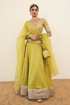 Lime green solid lehenga with lace detailing on the ghera hem. Paired with a sequin, lace embroidered padded blouse and a lace hem sheer dupatta. - Aza Fashions Lime Green Lehenga, Solid Lehenga, Sheer Dupatta, Lehenga Pattern, Green Lehenga, Padded Blouse, Green Tone, Lehenga Blouse, Lace Hem