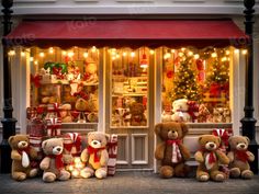 several teddy bears are sitting in front of a store with christmas lights on the windows