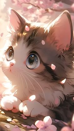 a cat with blue eyes sitting on top of a tree filled with pink flowers and petals