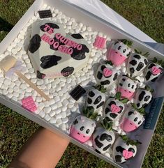 there is a cake that has been decorated with pandas and marshmallows