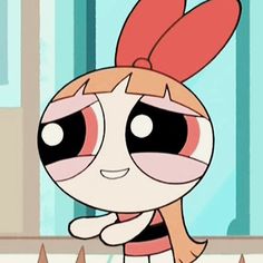 the powerpuff girls cartoon character with pink hair and big eyes, standing in front of a window