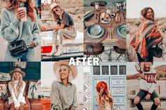 a collage of photos showing different outfits and accessories, including hats, sweaters, scarves, boots, purses