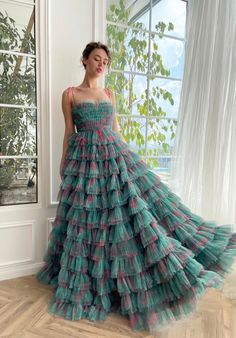 Whimsical Formal Dresses, Tulle Dress Runway, Pink And Green Dress, Fancy Gown, Teuta Matoshi, Casual Outfit Summer, Whimsical Dress, Maxi Design, Gown Blue