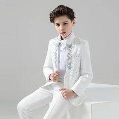 This suit is ideal for Easter, Weddings, Communion, Baptism, Parties, and more. Matched with a tie or bow tie could fully show your boy's unique charm. We believe that each boy is a prince. Handsome, confident and we suits are the important gifts for them. Fabric Material: 80% Polyester 20% Viscose Care One Button & Peaked Lapel Package 1*Jacket + 1*Pants + 1*Vest Occasion Wedding / Party / Stage / Dinner / Brithday / Blue And White Suit, Graduation Suit, Prince Suit, Bridal Shoes Low Heel, White Tuxedo, Shoes Low, White Suit