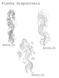 three mermaids are shown in black and white with the words flash disponiveis