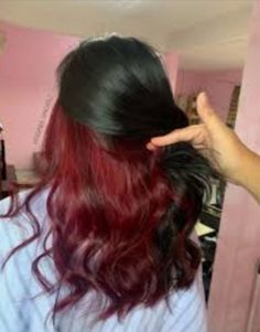 Black Hair With Red Highlights Underneath, Reverse Under Dye Hair, Dark Red Dyed Hair Underneath, Black Hair With Wine Red Underneath, Red On Bottom Black On Top Hair, Black Hair And Red Underneath, Red Hair Underdye, Under Dyed Hair Red And Brown, Red Hair Dye Ideas For Brunettes Underneath