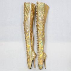 TAAFO Holographic Snake Crotch Thigh High Boots Women Stilettos Ballet High Heels Long Boot Lady Custom Shaft Length Wide Calf 36 Gold Pointed Toe Knee-high Boots For Party, Fitted Knee-high Gold Boots, Gold Fitted Knee-high Boots, Fitted Gold Knee-high Boots, Gold Fitted High Heel Knee-high Boots, Fitted Gold Knee-high Heeled Boots, Ballet High Heels, Womens Stilettos, Wide Calf