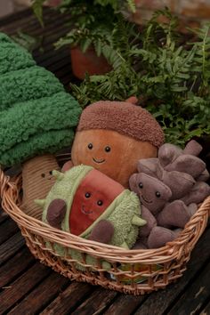 a basket filled with stuffed animals sitting on top of a wooden table next to plants