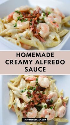 shrimp alfredo sauce in a white bowl with text overlay that reads homemade creamy alfredo sauce