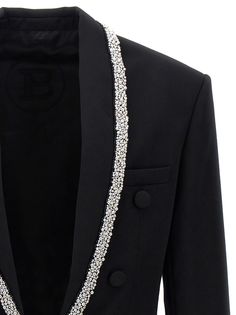 100% Wool Luxury Tailored Embellished Outerwear, Designer Tailored Embellished Outerwear, Luxury Embellished Blazer For Winter, Luxury Embellished Winter Blazer, Elegant Winter Outerwear With Rhinestones, Elegant Rhinestoned Winter Outerwear, Balmain Jeans, Balmain Men, Herno Jacket