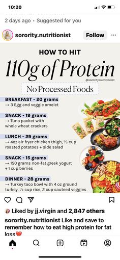 an instagram page with the text how to hit 10g of protein no processed foods