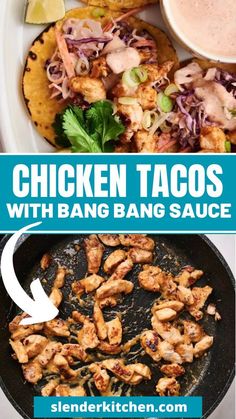 chicken tacos with bang bang sauce in a skillet and on the side, there is