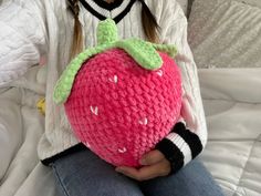 These jumbo strawberries make the perfect throw pillow. It works as room decoration and is the perfect hugging size. Adopt/harvest a jumbo strawberry this season! Pattern by HayHayCrochet Jumbo Plush Crochet, Crochet Pillow Strawberry, Strawberry Crochet, Plush Crochet, Greensboro Nc, Crochet Pillow, Room Decoration, Strawberries, Pet Toys