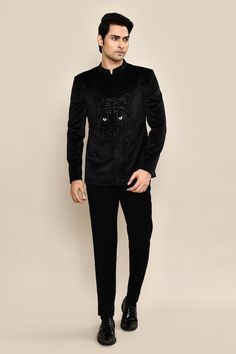 Black full sleeves bandhgala with Ferocious tiger cutdana embroidery. Paired with a trouser. - Aza Fashions Ferocious Tiger, Trouser For Men, Cutdana Embroidery, Suiting Fabric, Fabric Embroidery, Full Sleeves, Aza Fashion, Full Sleeve, Trousers