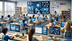 a classroom full of students with computers and laptops in front of their desks