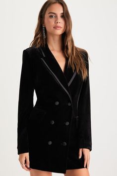 Slay your best-dressed goals in the Lulus Sophisticated Expression Black Velvet Blazer Dress! Plush velvet shapes this chic blazer-inspired dress with a satin-trimmed collared neckline, long lapels, and long sleeves with lightly padded shoulders and decorative button details. The relaxed bodice secures with a trio of round buttons that create a sophisticated, double-breasted look, before ending at a flirty mini hem. Fit: This garment fits true to size. Length: Mid-thigh. Size medium measures 32. Velvet Blazer Dress, London Outfits, Black Wedding Guest Dresses, Black Blazer Dress, Dress Blazer, Casual Formal Dresses, Blazer Mini Dress, Black Velvet Blazer, Chic Blazer