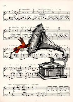 a bird flying over an old record player and sheet music with musical notes in the background