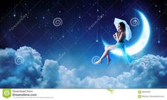 a woman sitting on the moon holding an umbrella