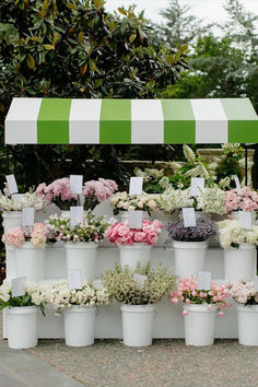 several white flower pots with pink and white flowers in them under a green awning