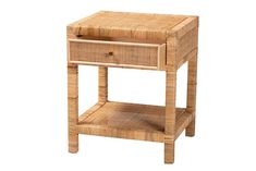 an end table with a drawer made out of wood and wicker on the top