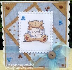 a thank you card with a teddy bear on it and a blue ribbon around the edge