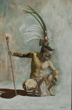 a painting of a man kneeling down holding a stick and wearing a headdress