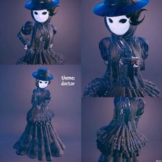 four different views of a woman wearing a blue hat and dress with ruffles