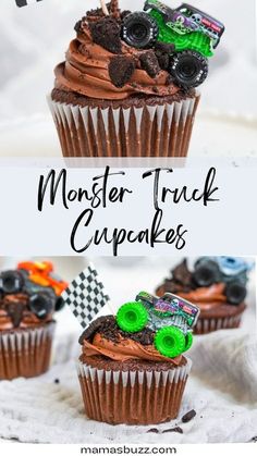 monster truck cupcakes with chocolate frosting on top