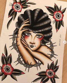 a drawing of a woman holding her hands to her face with red flowers on it