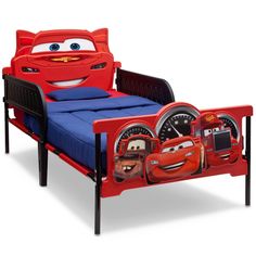 the bed has cars on it and is red