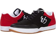 eS Swift 1.5 - Men's Skate Shoes : Black/Red/White : Bring some new color to your casual looks wearing the éS Swift 1.5 featuring a lighter style skate shoe so versatility from school to skating comes easily with this classic lace-up style skate shoe. Inspired By éS heritage. Premium quality suede upper for longevity and style. Hidden lace loops. Thermothane toe cap. Silicone embossed accent for added durability and lace protection. Lycra spandex tongue stabilizers. STI molded energy foam footbe Suede Lace-up Skate Shoes For Skateboarding, Urban Suede Skate Shoes With Laces, Casual Skate Shoes With White Sole, Red Casual Skate Shoes For Skateboarding, Casual Red Skate Shoes For Skateboarding, Lace-up Skate Shoes With Gum Sole, Casual Lace-up Skate Shoes For Skateboarding, Casual Lace-up Suede Skate Shoes, Red Skate Shoes With Laces For Skateboarding