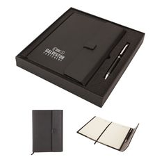 an open notebook and pen sitting in a black box