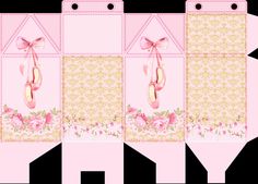 an open box with pink ballet shoes on the front and back side, decorated with flowers