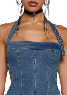 This mini dress has a denim construction, a halter neckline with an adjustable buckle closure, paneling, cut out details, and a back zipper closure. Fitted Blue Backless Denim Dress, Fitted Blue Denim Backless Dress, Fitted Backless Blue Denim Dress, Halloween Costume Boots, Denim Party, Costume Boots, Booties Outfit, Free Shoes, Outerwear Outfit