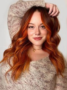 Dark Roots Orange Hair Balayage, Fire Balayage Hair, Lived In Red Hair, Auburn Balayage Copper, Cosmology School, Yellow Balayage, Dimensional Red Hair Copper, Copper Hair With Money Piece, Golden Copper Balayage